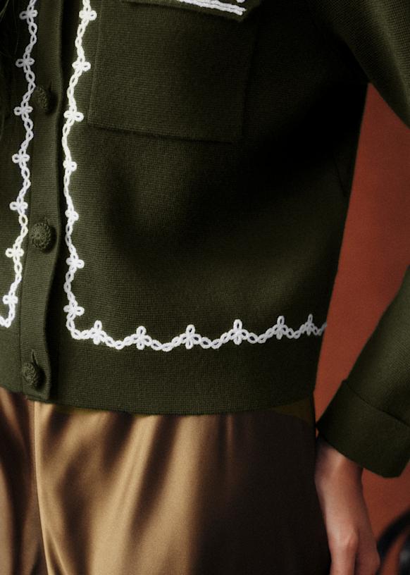 Betty Cardigan - Sézane x Baziszt - Khaki Ecru Embroidery - Merino