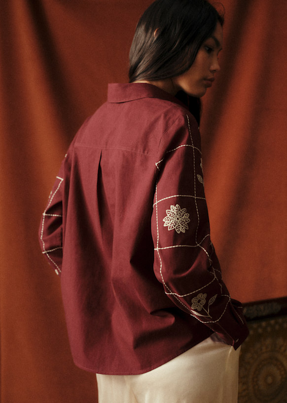 Tom Shirt - Sézane x Baziszt - Burgundy with Floral Embroidery