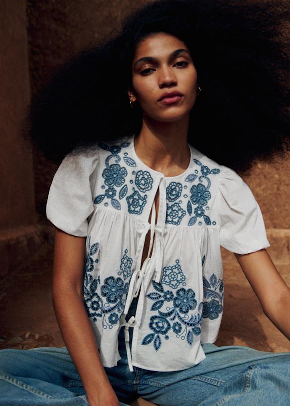 Alixia Shirt - Ecru with Blue Ochre Placed Embroidery - Organic