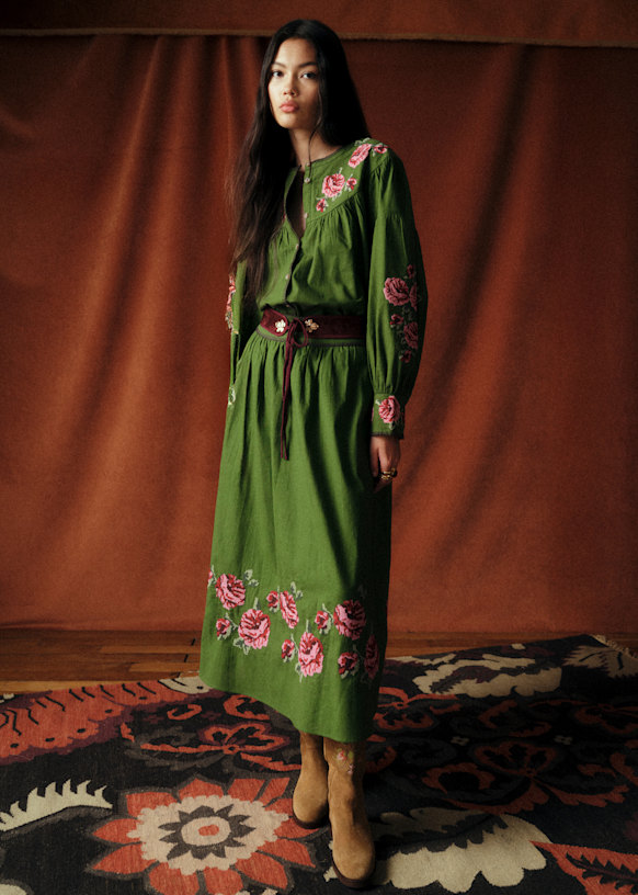 Orla Shirt - Sézane x Baziszt - Bamboo Green with Floral