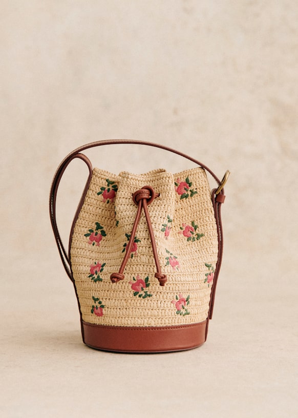 [SEZANE] フラワーモチーフ ミニバケットバッグ Mini Farrow Raphia Bag - Multicolour Embroidered Flowers