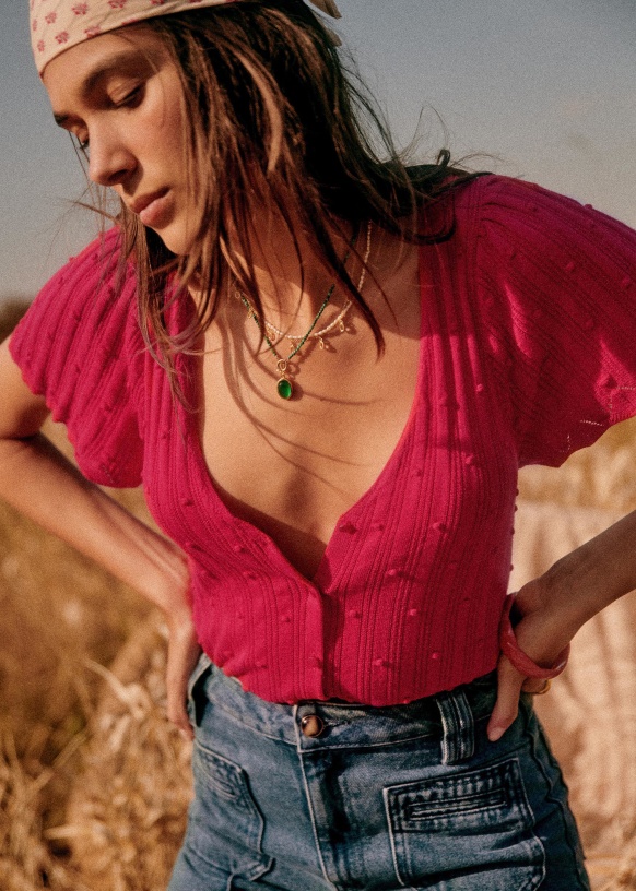 Sezane 半袖カーディガン コーラル（レッド系） オーガニック