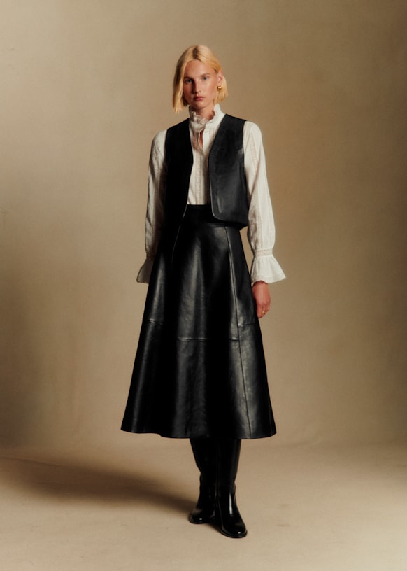 【タグ付き新品】 Sezane 黒 サテン スカート セザンヌ Yasmine Skirt - Black - Lamb leather - Sézane