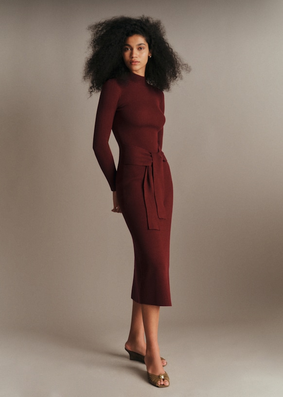 burgundy dress wool Sofia - - Merino modern profile Fitted bodice Casual Solid Dress Dark Brown Marcello Maxi Waist Size:Waist 50