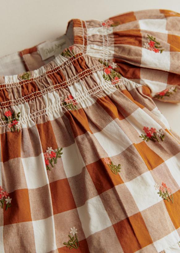 brown bow dress Gingham Ruffle Linen Dress – Little Bo and Co main image 0