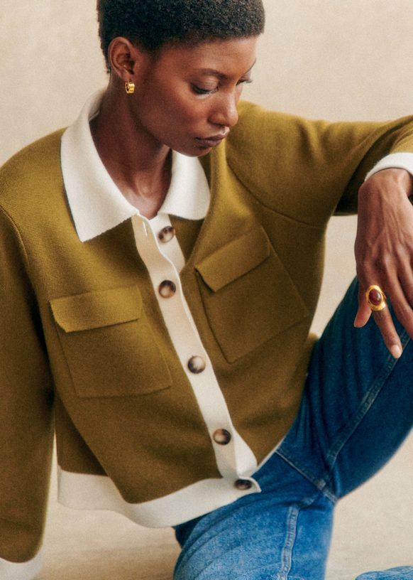 Betty Cardigan Olive Green Ecru Details Merino Wool Sézane