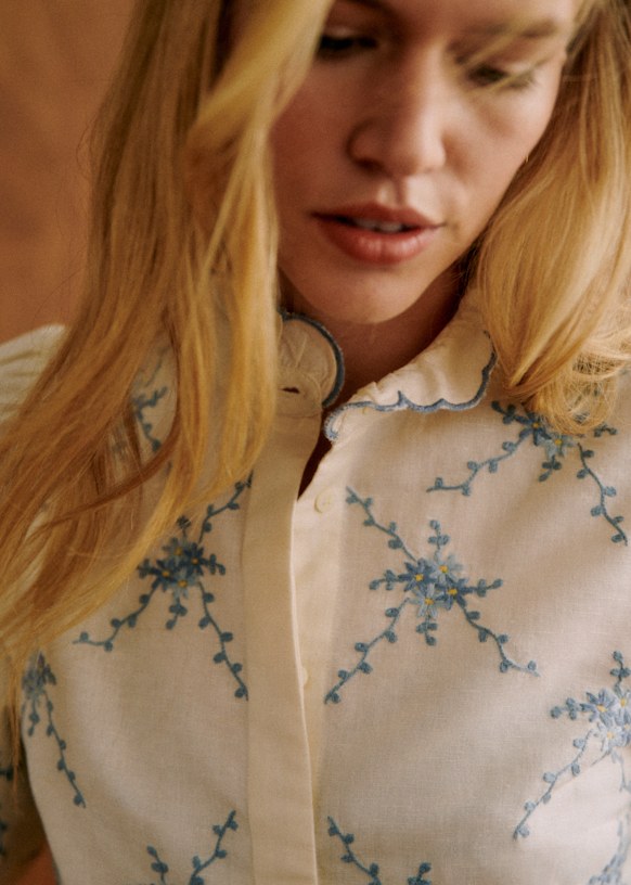 Ambre Shirt - Blue Bouquet Embroidery - Organic Cotton - Sézane