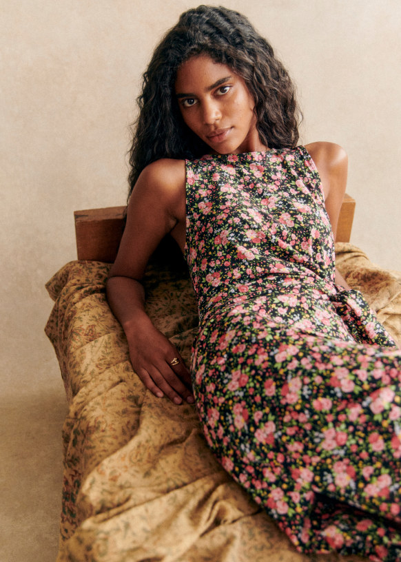 【Sezane】 ミディ丈 オーガニックコットン ロングドレス Elodie ドレス - ブラック - オーガニックコットン