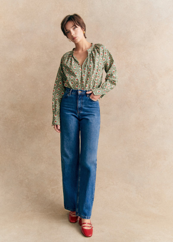 Regina Blouse, Long Sleeve, Indigo Medallion