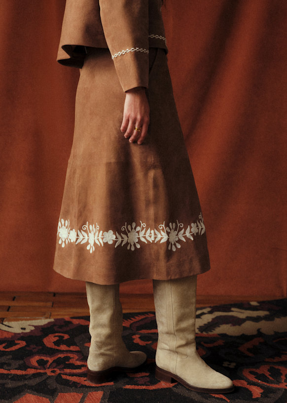 Clari Skirt - Sézane x Baziszt - Camel with Ecru Embroidery - Goat