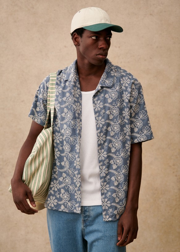 Holt Shirt Blue Ecru Embroidery Organic Cotton Sezane