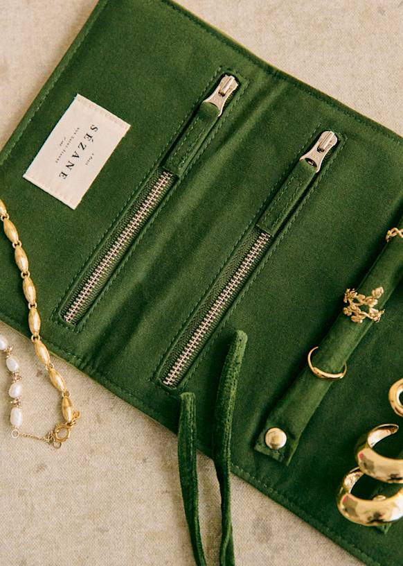 Flat Jewelry Pouch Green Cotton Sezane