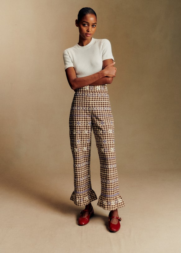 Alexio Trousers - Lila Brown Gingham Embroidery - Organic Cotton