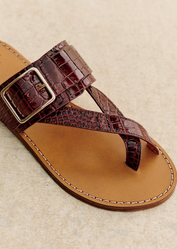 ショコラチャン Freya Low Sandals - Chocolate Crocodile Print - Bovine leather