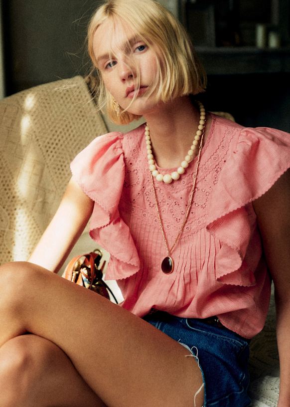 Azura Blouse - Embroidered Blue Stripes - Organic Cotton