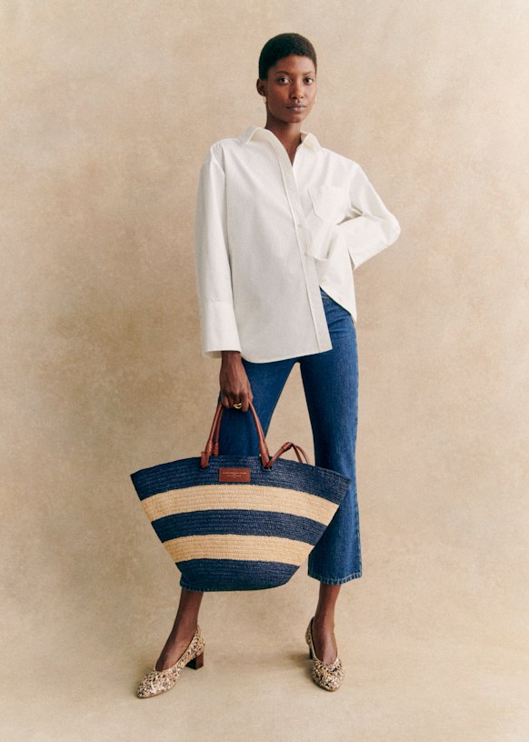 Justine Maxi Basket Bag - Raffia with Coral Stripes - Raffia