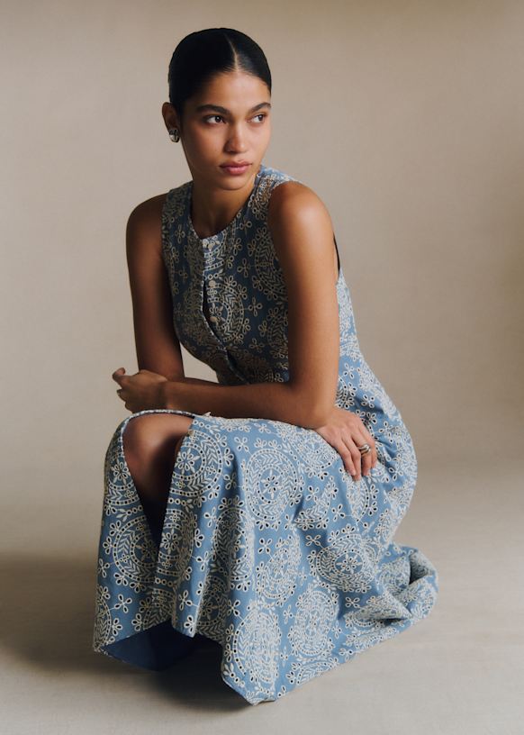 blue and white sezane dress Sezane Robe laurette Midi Dress – White Chocolate Couture main image 0