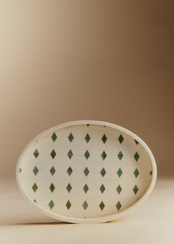 Oval Tray - Ecru and Green Diamond Pattern - Wood - Sézane