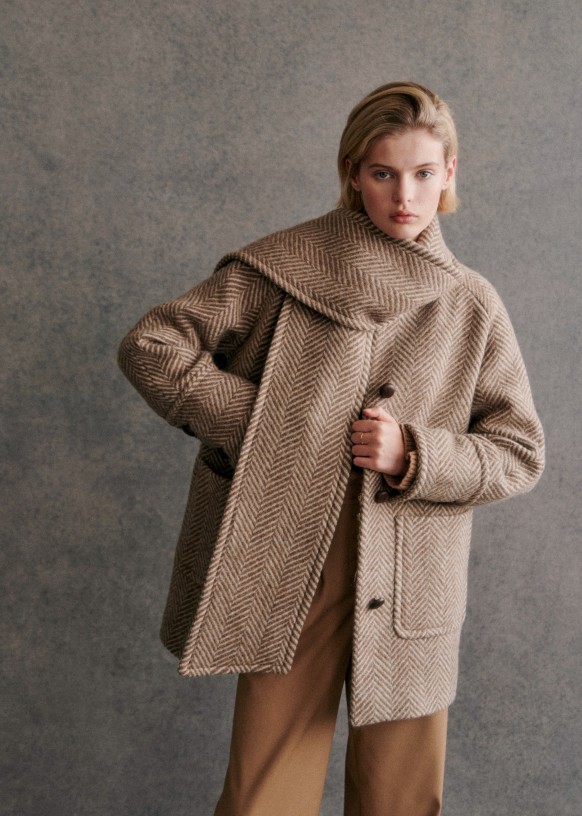 Nate Coat Beige herringbone Virgin wool Sezane