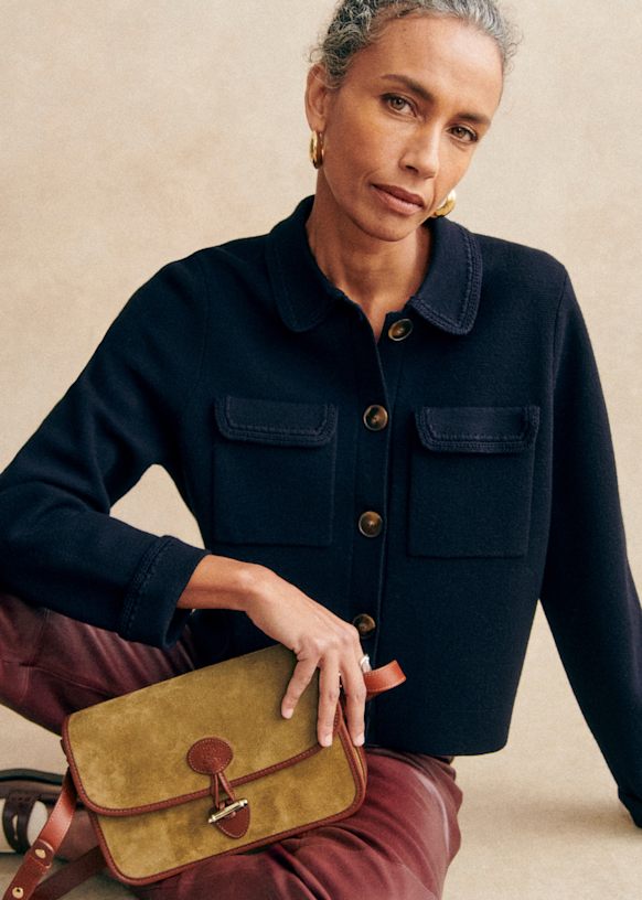 Betty Cardigan Navy Crochet Merino Wool Sezane