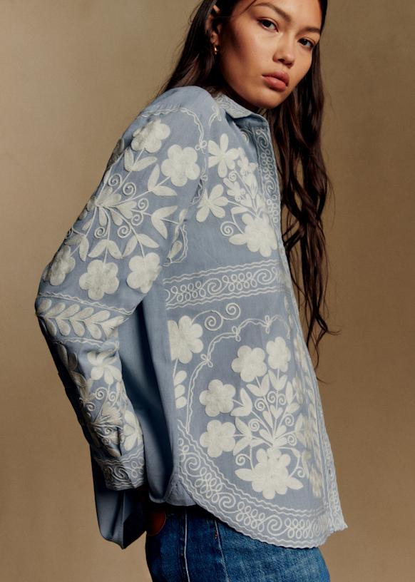 Maxy Shirt - Sézane x Baziszt - Blue with Ecru Embroidery