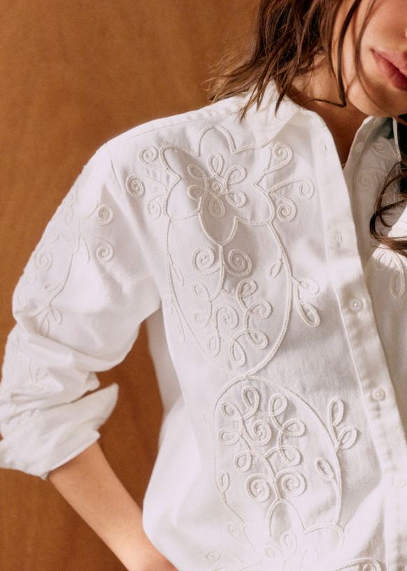Maxy Shirt - Sézane x Lucia Vergara - Ecru with Daisy Embroidery