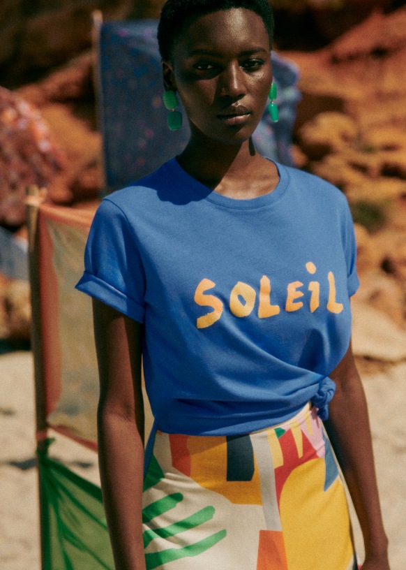 T shirt Soleil Manuscrit Sezane x G.KERO Creazione rosa Blu giallo Cotone biologico tessuti biologici Sezane