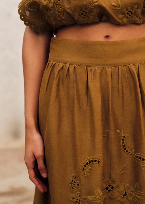 Noa Skirt - Embroidered Bronze - Viscose - Sézane