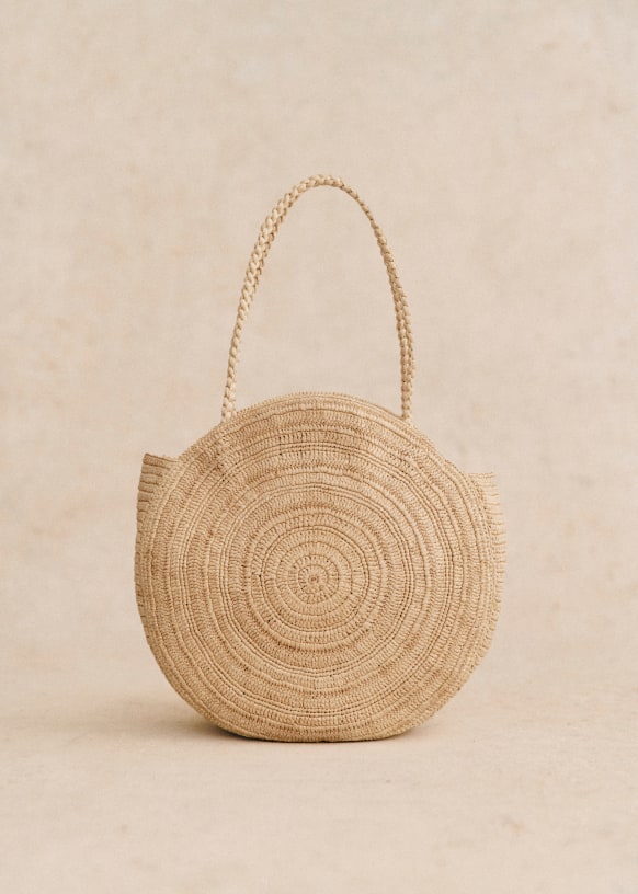 June Basket Dark Natural Flower Embroidery Raffia Sezane