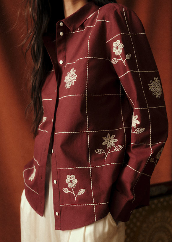 Tom Shirt - Sézane x Baziszt - Burgundy with Floral Embroidery