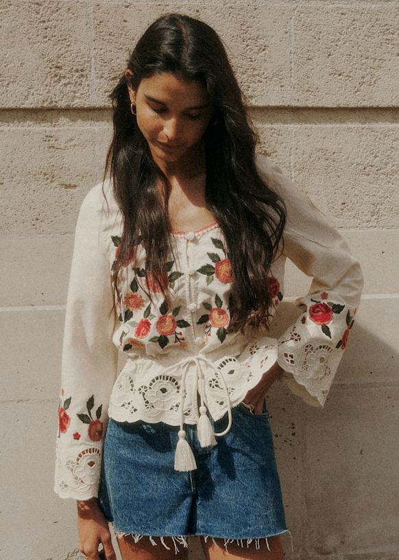 Solara Shirt - Ecru with Red and Pink Secret Garden Embroidery