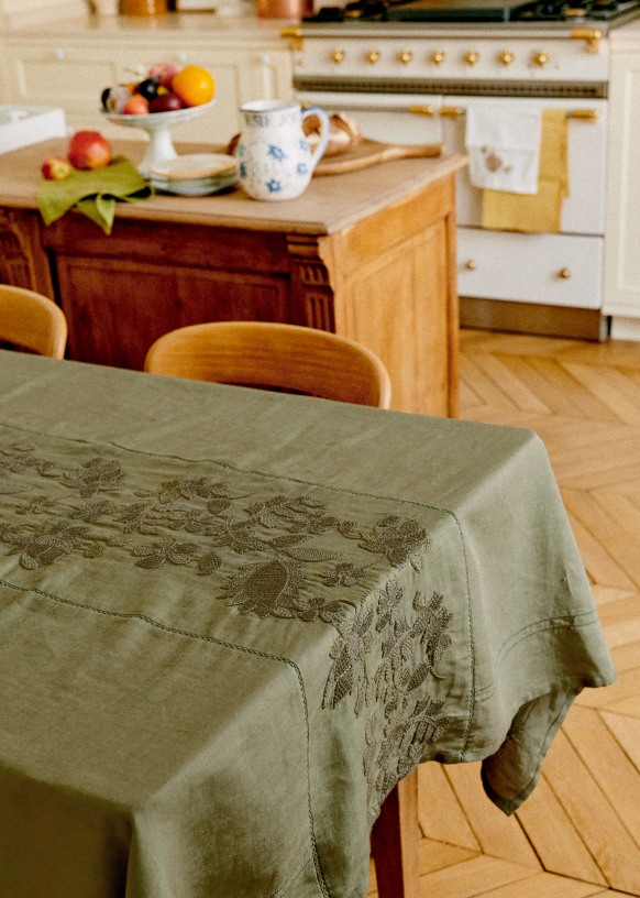 Embroidered Tablecloth - Olive Green - Cotton-linen textiles - Sézane