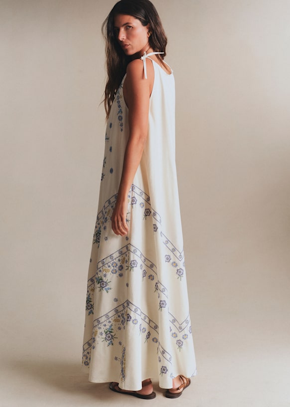 Ysara Dress - Ecru with Blue Morning Dew Embroidery - Organic