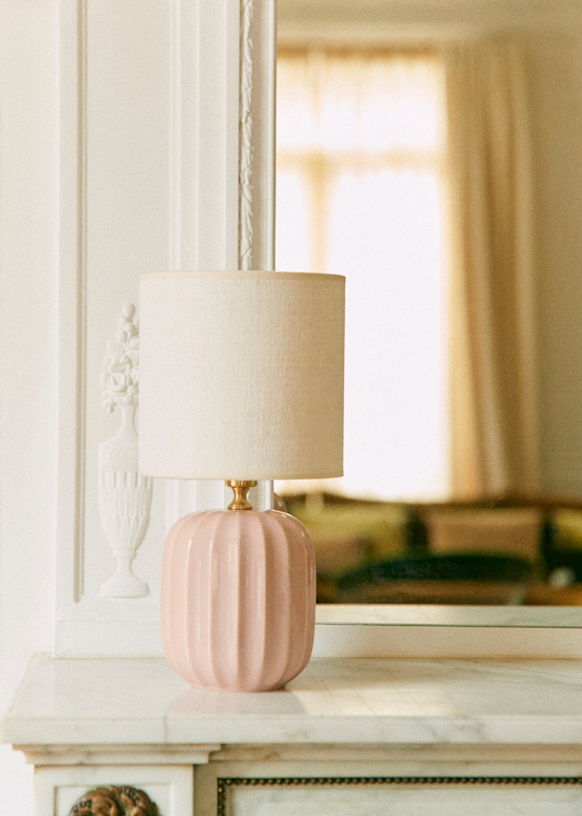 Small Traviata Table Lamp - Pink - Dolce Lamp Shade - Ecru Burlap