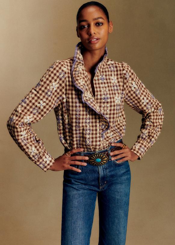 Coline Shirt - Lila Brown Gingham Embroidery - Organic Cotton - Sézane