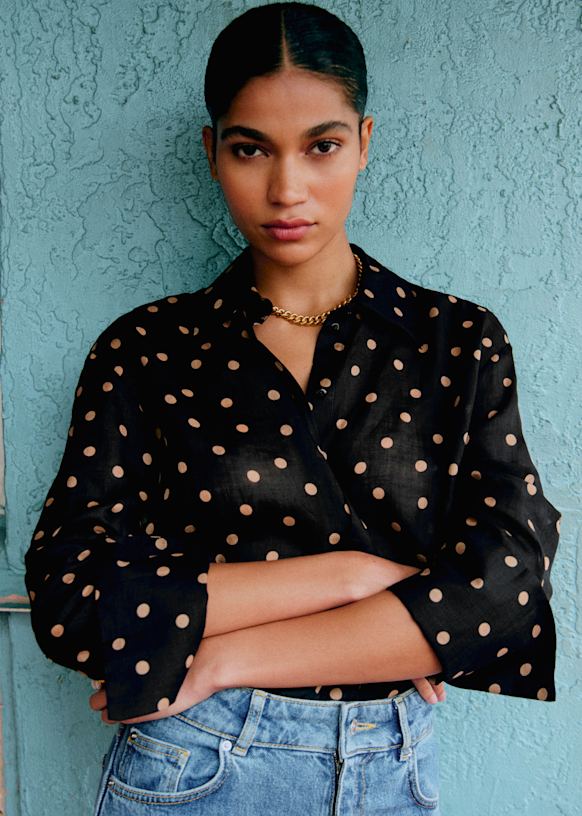 Marilis Shirt - Beige Polka Dots Black Background Print - Ramy
