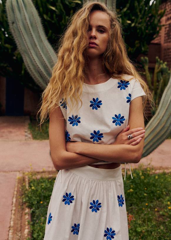 Jocasta Blouse - Ecru with Contrasting Columbine Blue Embroidery