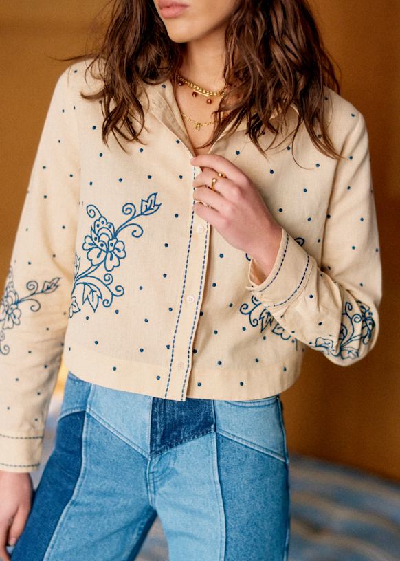 Maellie Shirt - Sézane x Lucia Vergara - Beige with Narcisco Blue