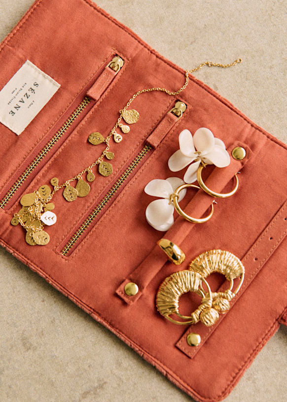 Pochette Bijoux Broderie Doree Fleurs Coton Sezane