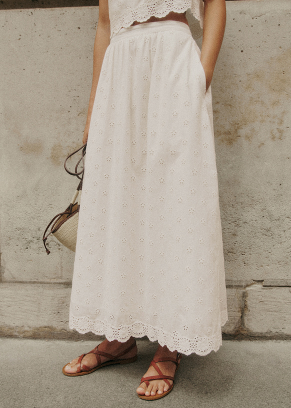 Nala Skirt - Ecru with Petal Embroidery - Organic Cotton - Sézane