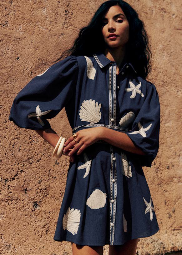 Maryvonne Dress - Szane x Inoui Editions - Blue with White Shell Embroidery