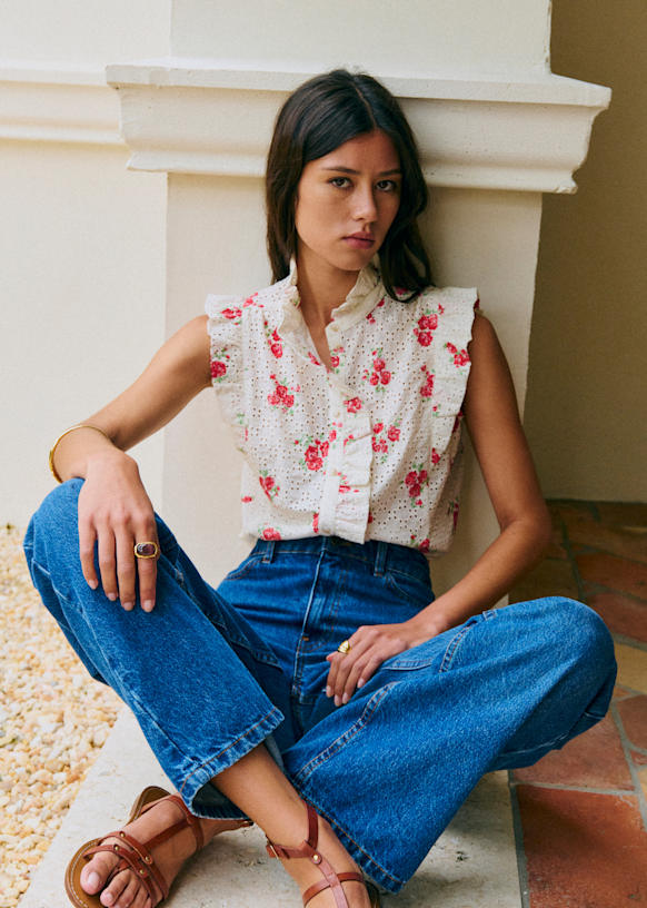 Caro Shirt - Rosa Corail Print - Cotton - Sézane