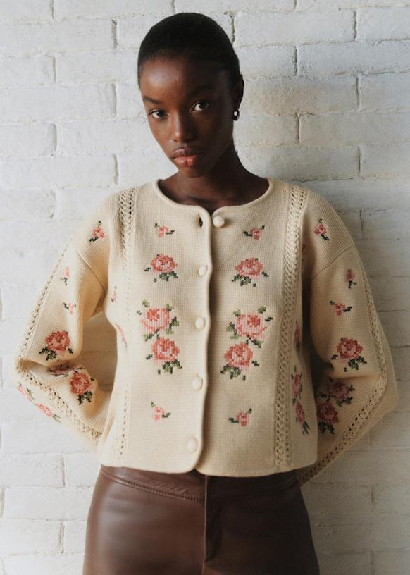 Caroline カーディガン - Sézane x Sea NY - クリーム 刺繍 - メリノ