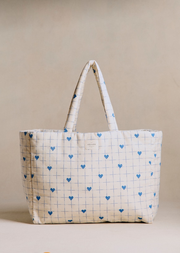 マキシトートバッグ - ヴィンテージブルー ハート 刺繍 - GRS認定