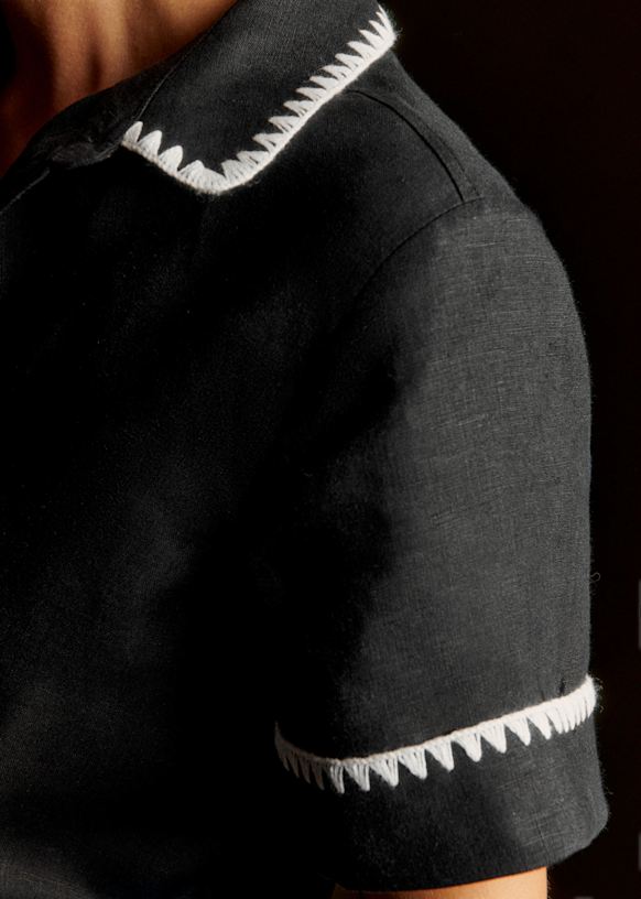 Ticia Dress - Black with Ecru Trimming - Linen - Sézane