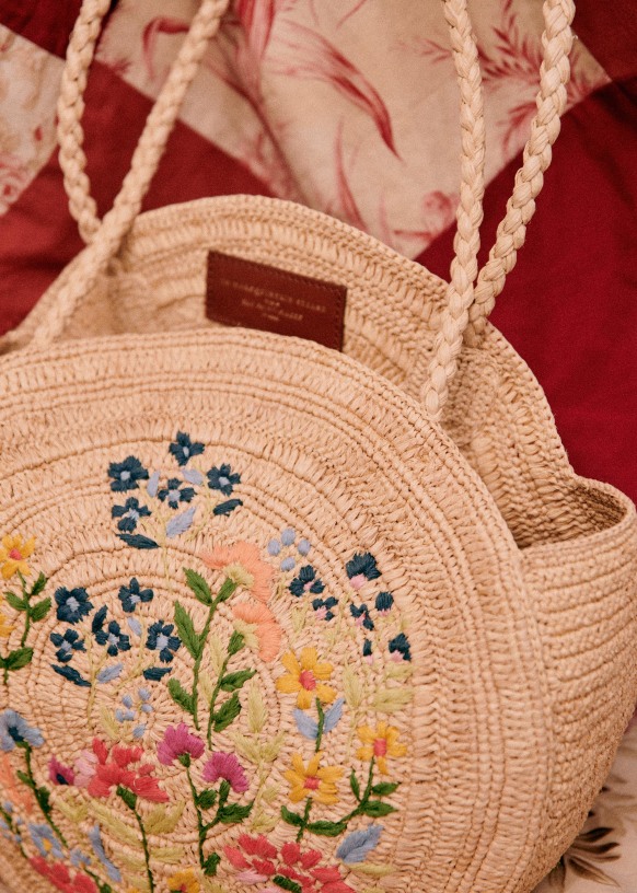 [SEZANE] スモールフラワー刺繍 Juneバスケット June Basket - Embroidered Floral - Raffia - Sézane