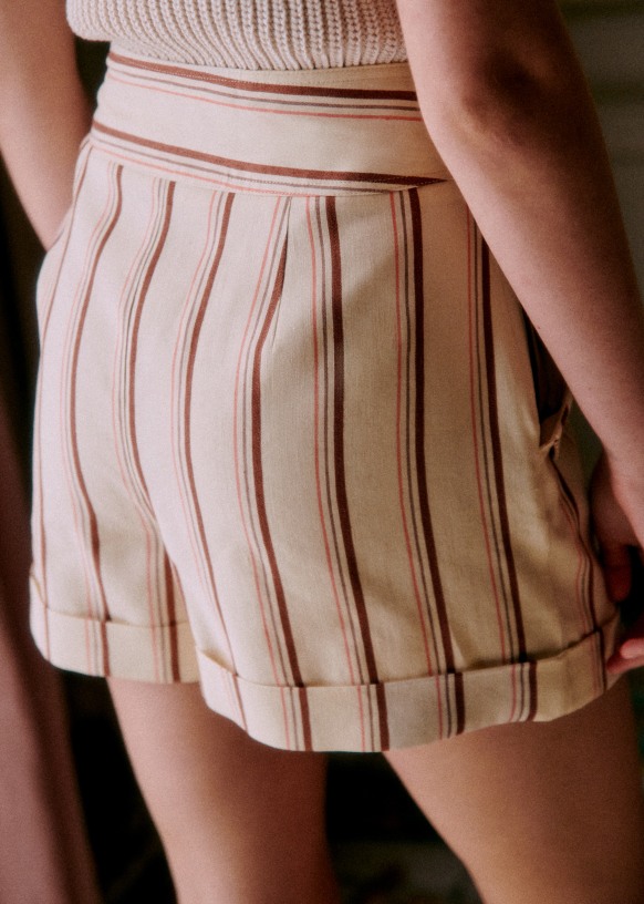 【SEZANE】セドリック・ショーツ Cedric Shorts - Stripes Beige Pink Brown - Linen - Sézane