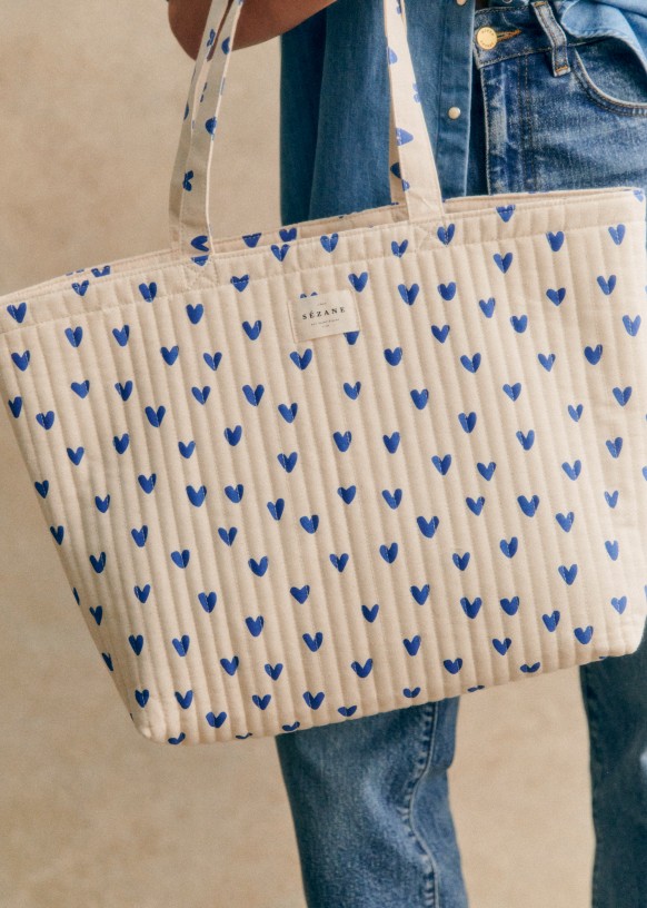 Quilted cabas Electric Blue Little Hearts Recycled cotton Sezane
