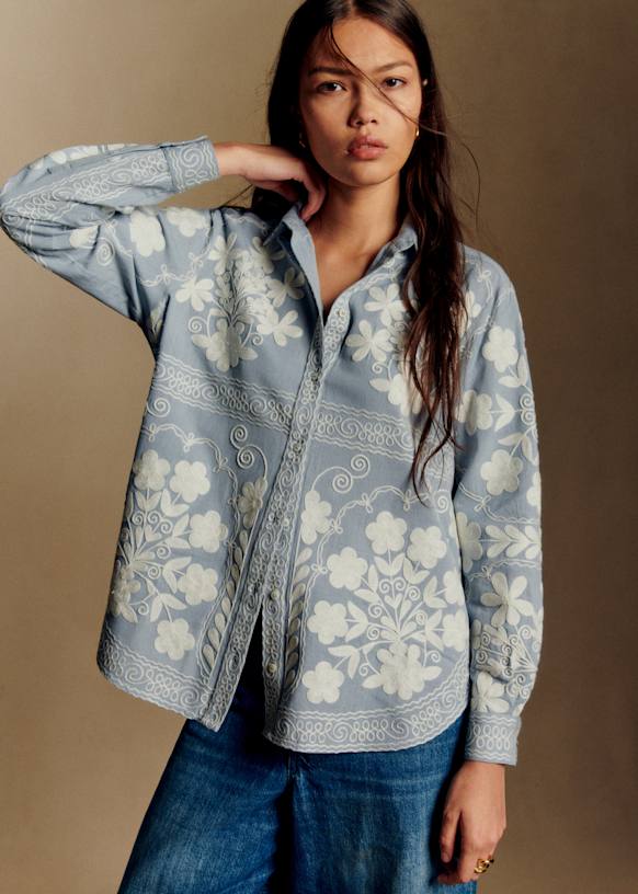 Maxy Shirt - Sézane x Baziszt - Blue with Ecru Embroidery
