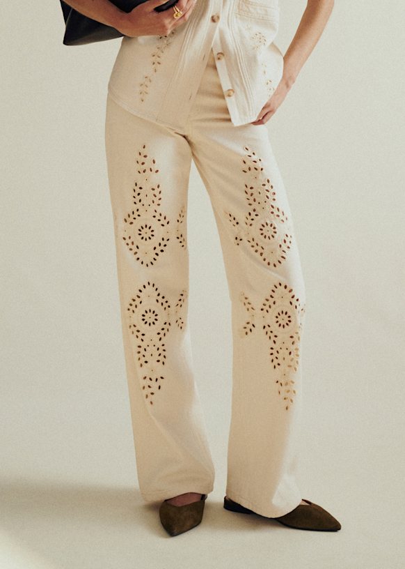 The Wide Leg パンツ - エクリュにアイビー刺繍 - オーガニック